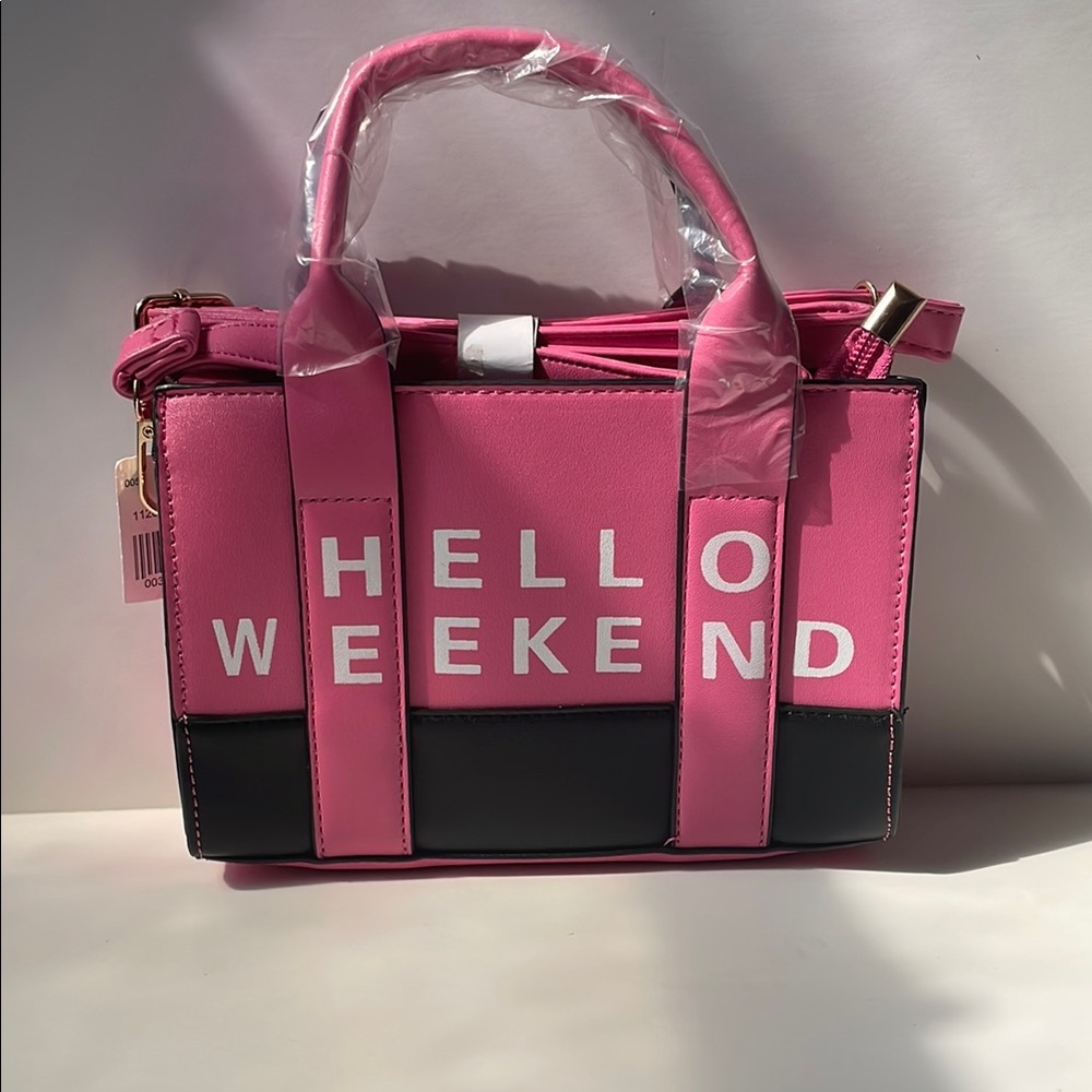 Pink and Black Hello Weekend Tote Bag